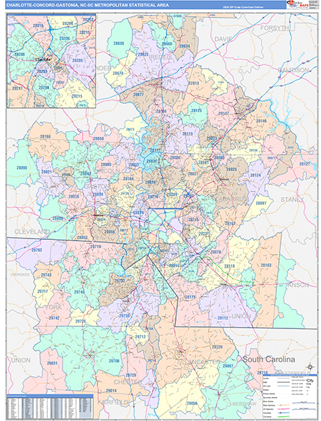 Charlotte-Concord-Gastonia Metro Area Wall Map Color Cast Style